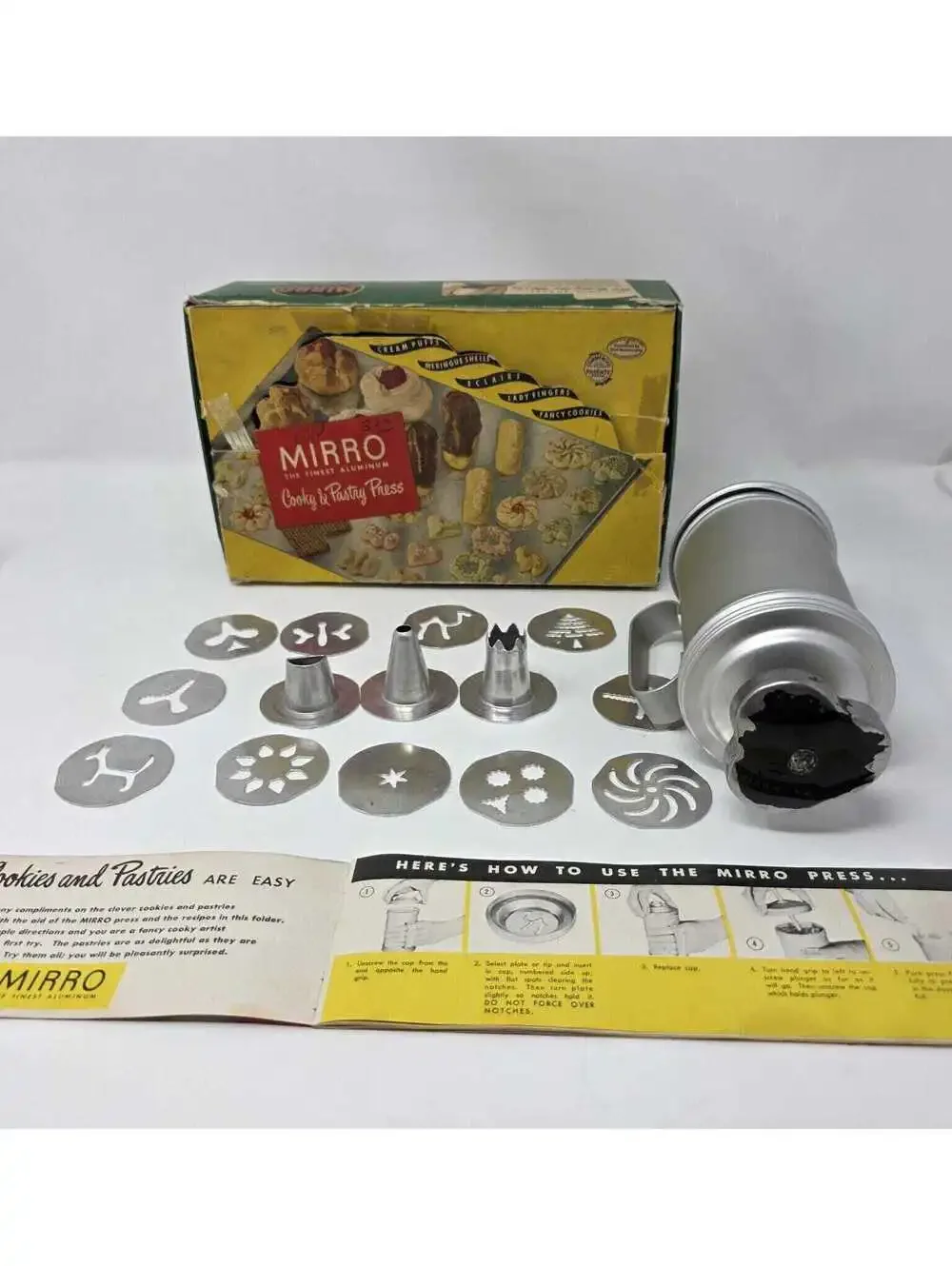 Vintage Mirro Aluminum Cooky Pastry Press 12 Discs Box Instructions Cookie Press